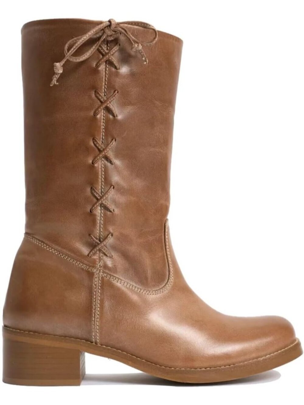 👢Women's Tan Vintage Campus Mid Calf Boots Side-Lace Round Toe Riding Boots
